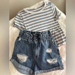 Garage striped top and Forever 21 mom high waisted ripped jean shorts